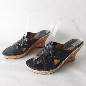 Born Drilles Sandals Size 8 Straw Wedge Black Woven Leather Platform Chunky Heel